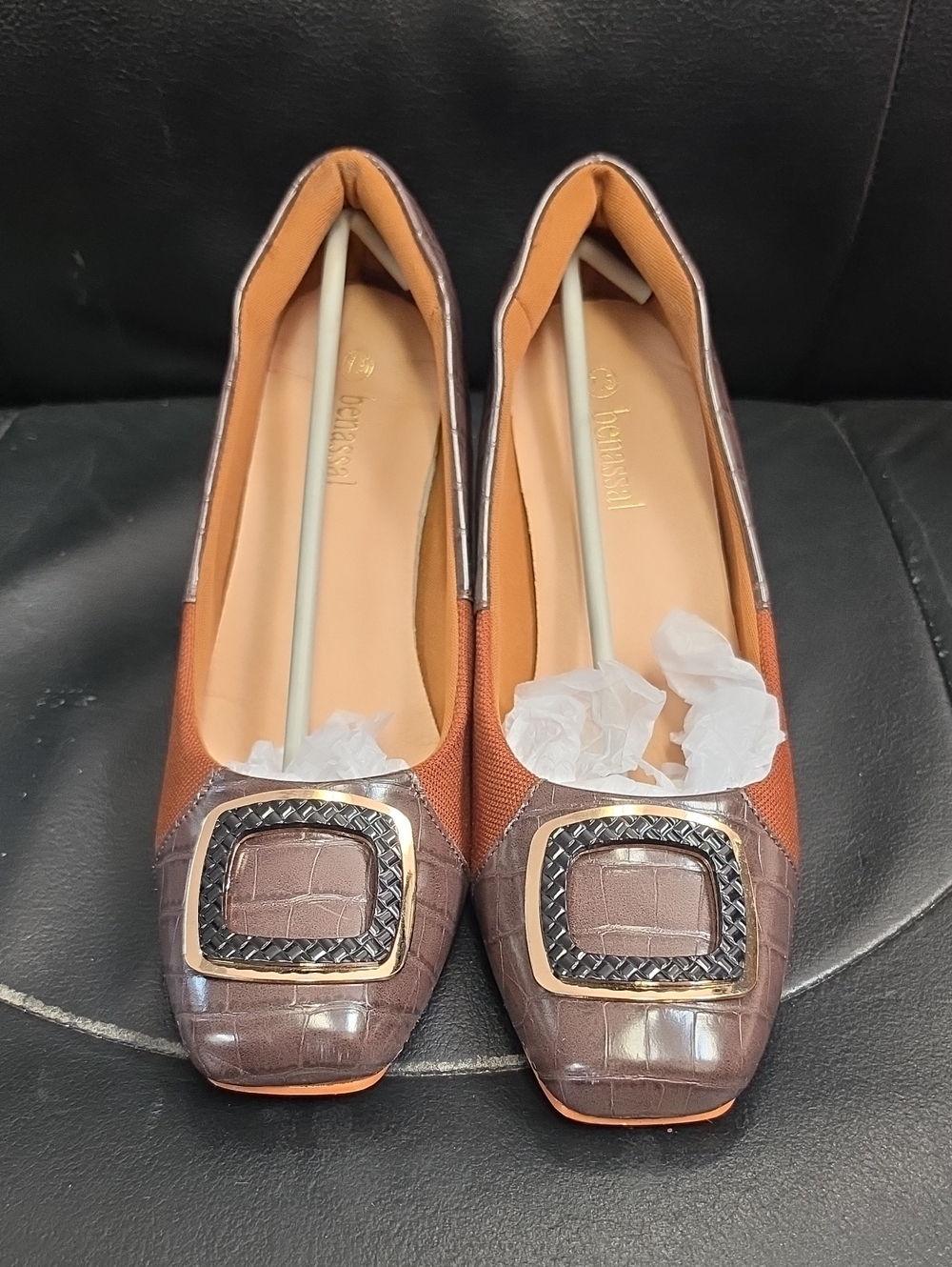 Brown Croc-Textured Square-Toe Women’s Flats
